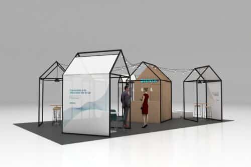 Diseño 3D de stand compuesto por casas